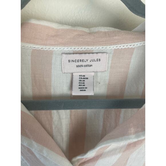 Sincerely Jules Linen Style Striped Short Sleeve Button Up Pink White Womens - Picture 3 of 4